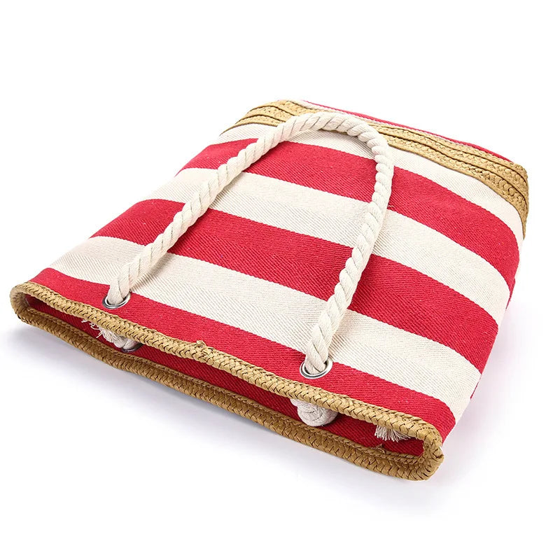 Striped Canvas Handbag For Women Large Capacity Hit Color Travel Shopping Bag For Female New Casual Tote Shoulder Beach Bag