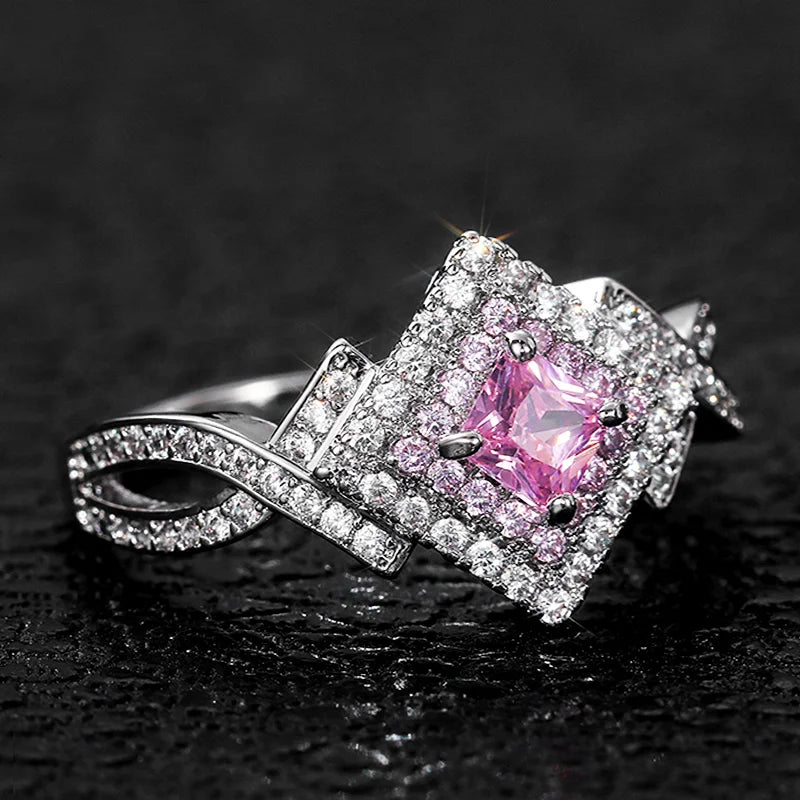 Huitan Unique Pink CZ Princess Cut Wedding Rings for Women 2021 New Trendy Jewelry Luxury Engagement Ring Best Gift Dropshipping