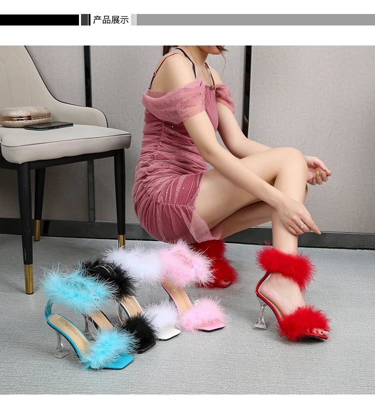 Feather Sandals Women Furry High Heels Ankle Plush Sandals Woman Transparent Heels With Fur Stripper Heeled Sandal Women Evening