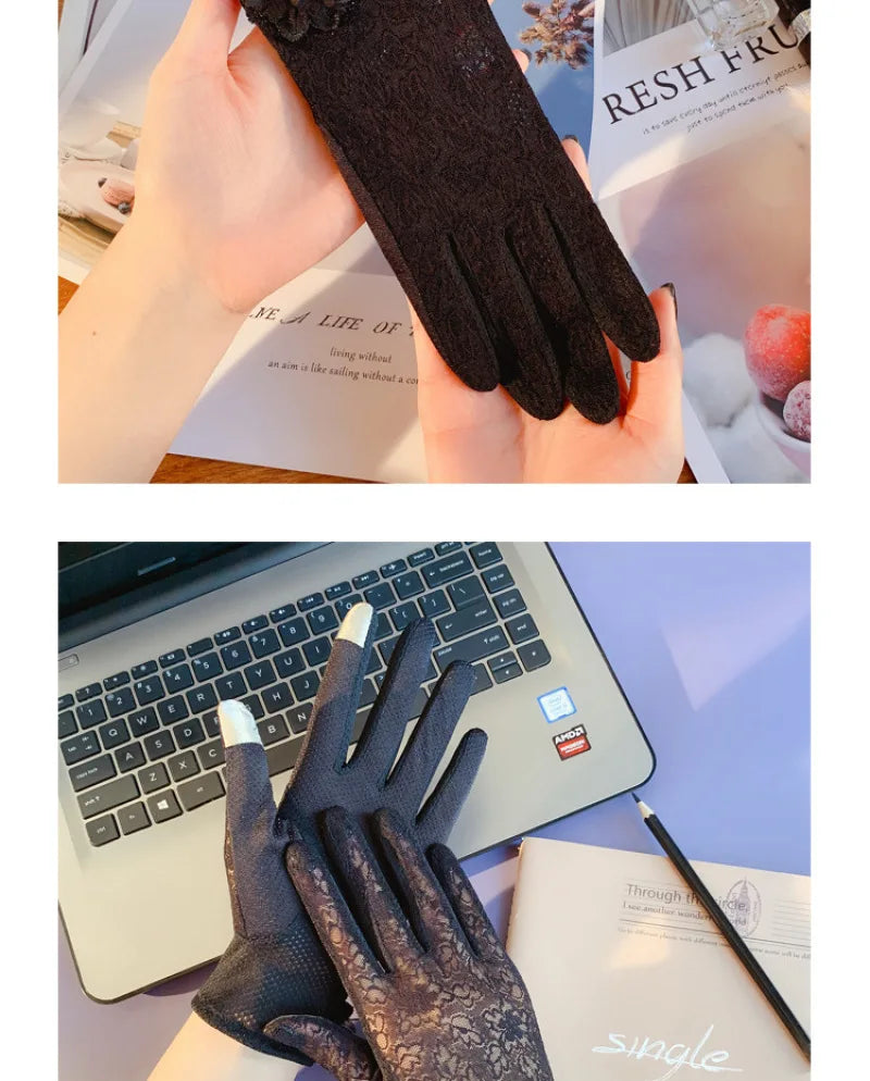 Damen Sommer Sexy Spitze Große Blume Dünnes Netz Atmungsaktiv Sonnenschutz Touchscreen Rutschfeste Fahrradhandschuhe Anti-UV Elegant