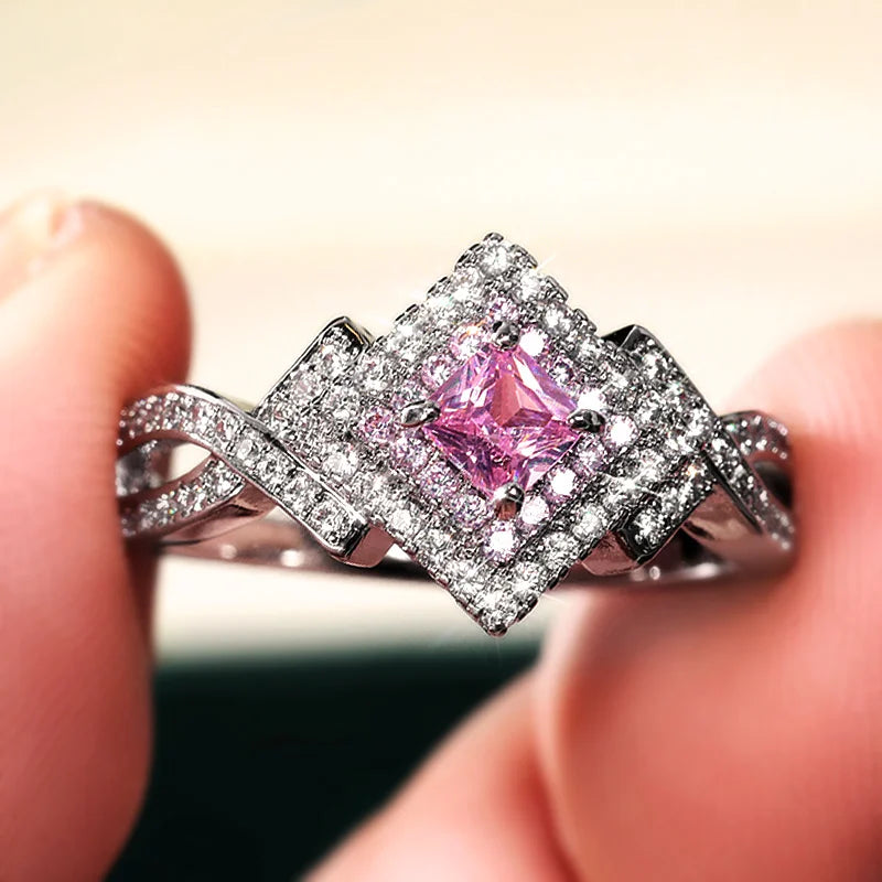 Huitan Unique Pink CZ Princess Cut Wedding Rings for Women 2021 New Trendy Jewelry Luxury Engagement Ring Best Gift Dropshipping