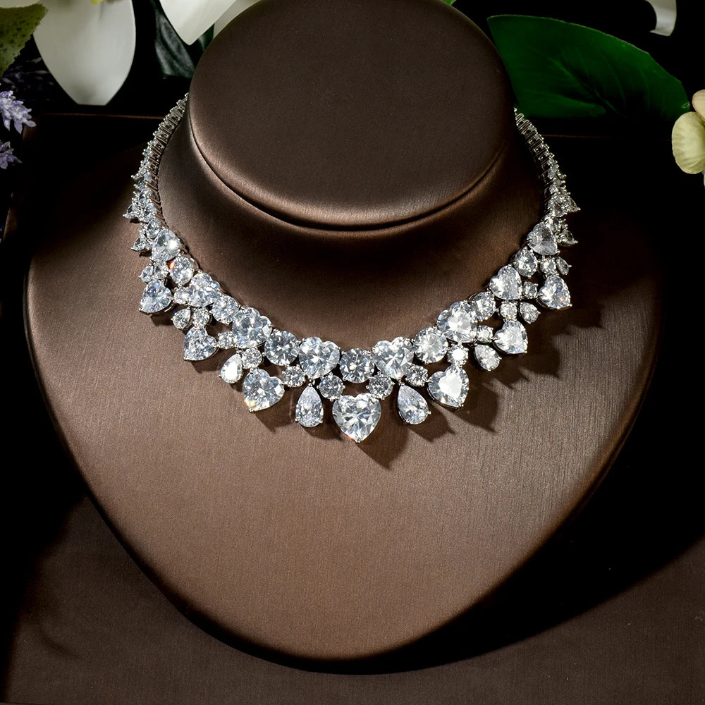 HIBRIDE New Wedding Costume Accessories Heart Shape Cubic Zircon Crystal Bridal Earrings And Necklace Jewelry Set N-1449