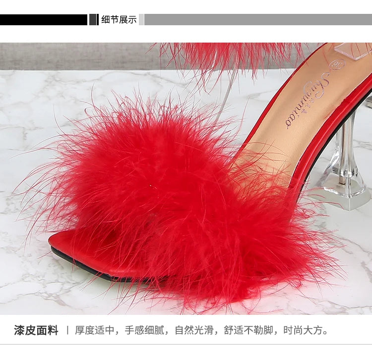 Feather Sandals Women Furry High Heels Ankle Plush Sandals Woman Transparent Heels With Fur Stripper Heeled Sandal Women Evening
