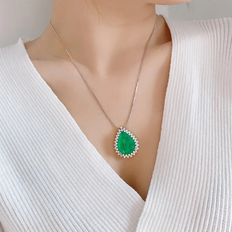 Romantic Paraiba Tourmaline Emerald Stone Water Droplet Pendant Necklace Chains Fine Jewelry Gift Women Wedding Anniversary