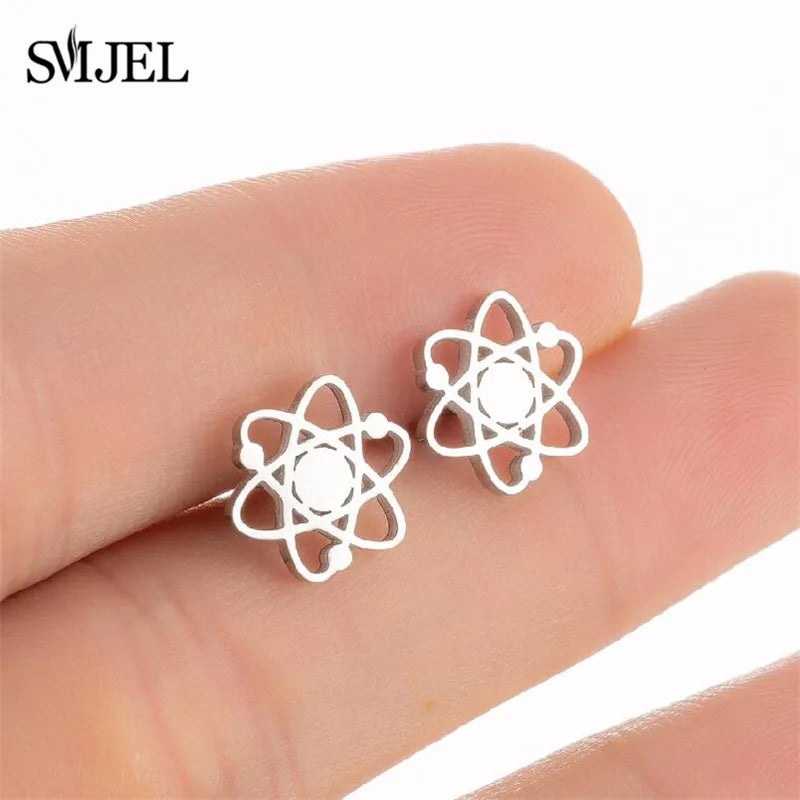 Punk Stainless Steel Chemistry Atom Shape Earrings for Women Men Creative Science Pendant Studs Jewelry Graduation Gift Friend