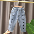 Spring kids girl's clothes baby elastic band straight-leg love jeans pants for girls' baby clothing outer wear denim trousers