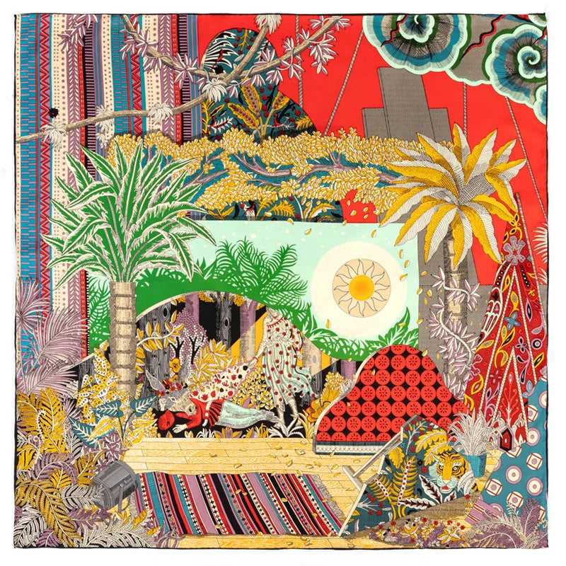 POBING Manual Hand Rolled Twill Silk Scarf Women Sun World Square Scarves Echarpes Foulards Femme Wrap Lady Bandana Hijab 90CM