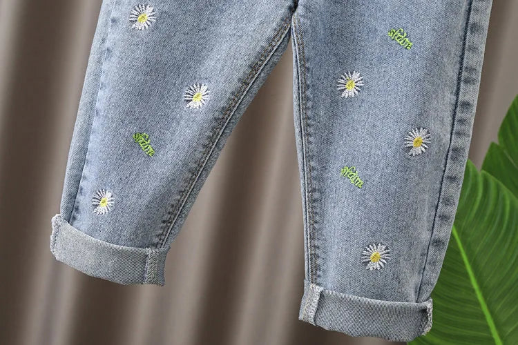 Spring kids girl's clothes baby elastic band straight-leg love jeans pants for girls' baby clothing outer wear denim trousers