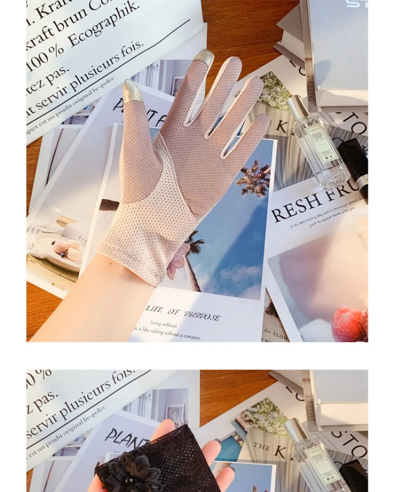 Damen Sommer Sexy Spitze Große Blume Dünnes Netz Atmungsaktiv Sonnenschutz Touchscreen Rutschfeste Fahrradhandschuhe Anti-UV Elegant