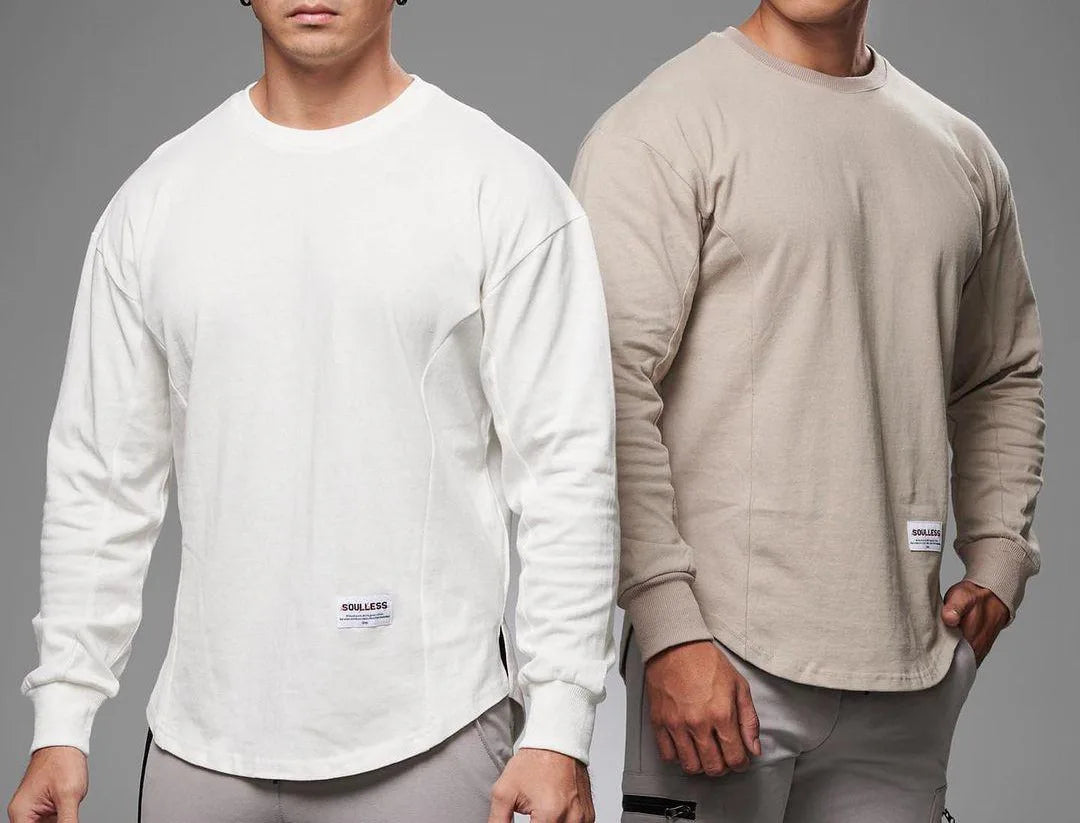 Men Long Sleeve Shirts Solid Cotton T Shirt  Curved Hem Mens Autumn Shirt for Men Workout Streetwear