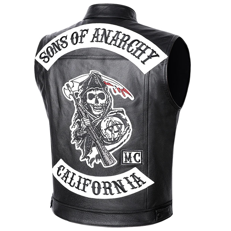 Sons of Anarchy Classical Motorcycle Biker Leather Vest Men Genuine Leather Sleeveless Jackets  REAL Cowhide Motorcade Vest 6XL