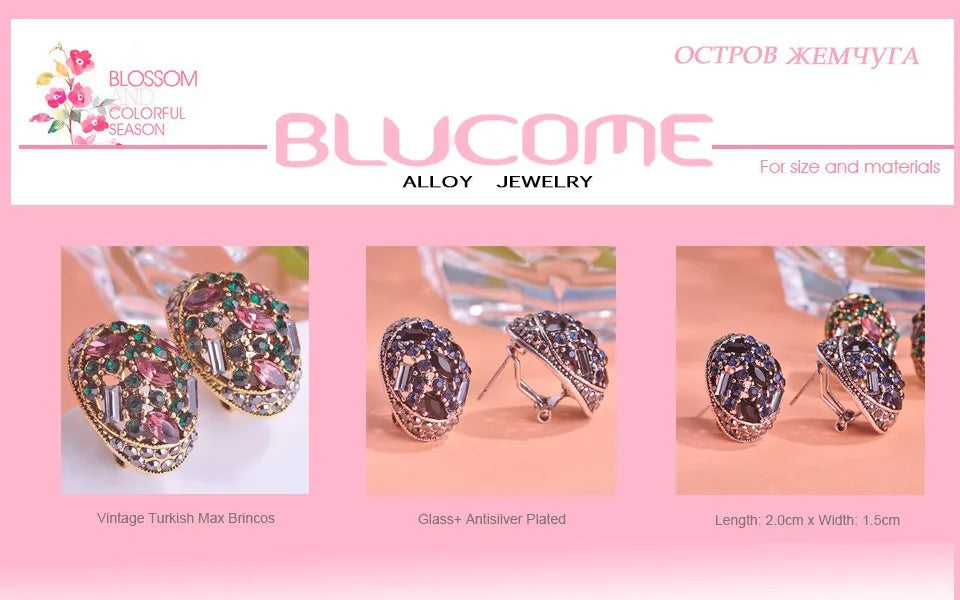 Blucome Vintage Stud Earrings For Women Girls French Hooks Max Brincos Ouro Joias Full Crystal Turkish Jewelry Retro Pendientes