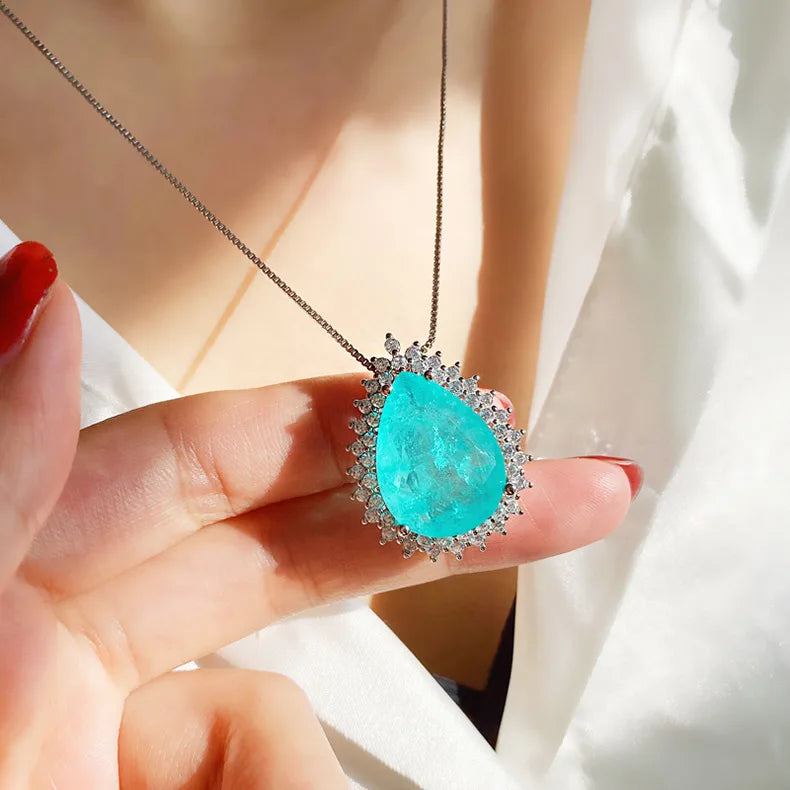 Romantic Paraiba Tourmaline Emerald Stone Water Droplet Pendant Necklace Chains Fine Jewelry Gift Women Wedding Anniversary