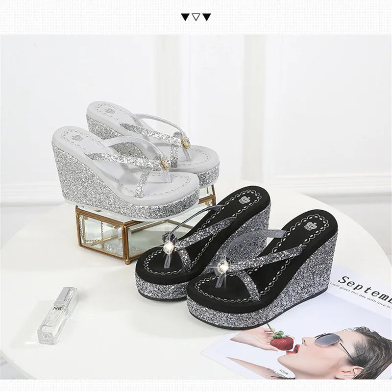 TIMETANGSummer platform women shoes beach sandals rhinestones sequins slope with flip flops breathable shiny wedges women