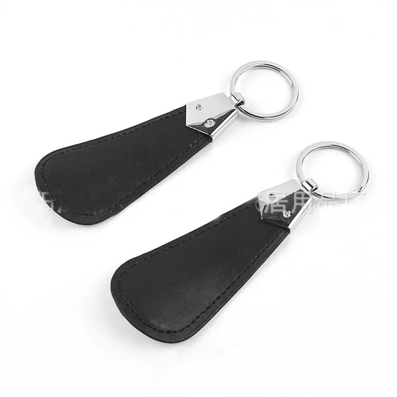10cm Easy Carry Black Shoehorn Metal Durable Stainless Steel Faux Leather Portable Fashion Mini Shoe Horns Accessories Key Ring