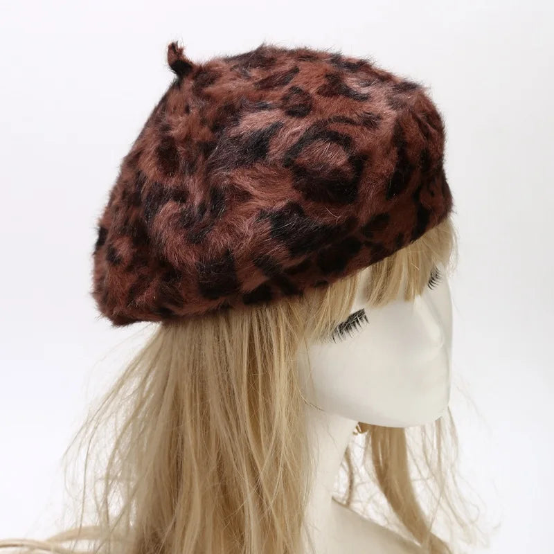 2020 Autumn Winter Leopard Print Warm Rabbit Fur Octagonal Hats for Women and Girl Berets Painter Hat Beanie Cap 11