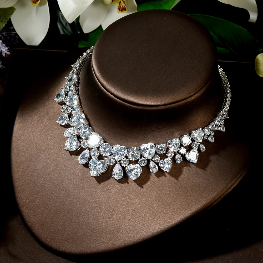 HIBRIDE New Wedding Costume Accessories Heart Shape Cubic Zircon Crystal Bridal Earrings And Necklace Jewelry Set N-1449