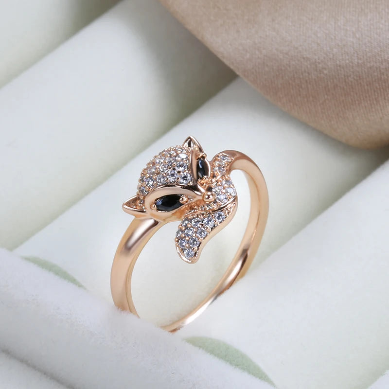 Kinel Hot Cute Fox Earrings Ring Sets for Women Fashion 585 Rose Gold Color Natural Zircon Accessories Animal Child Jewelry Sets