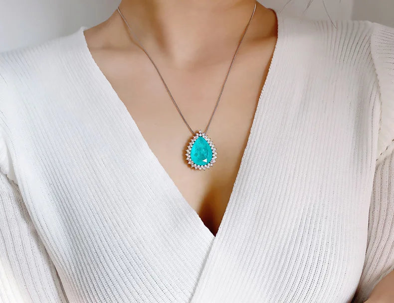 Romantic Paraiba Tourmaline Emerald Stone Water Droplet Pendant Necklace Chains Fine Jewelry Gift Women Wedding Anniversary