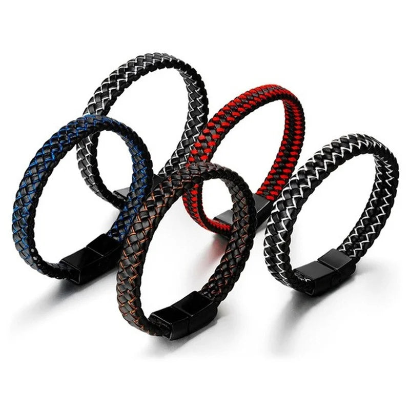 Men Genuine Leather Bracelet Bangle Black Braided Bracelet Stainless Steel Magnetic Clasps Wrist Band Male Bracelet Accessories