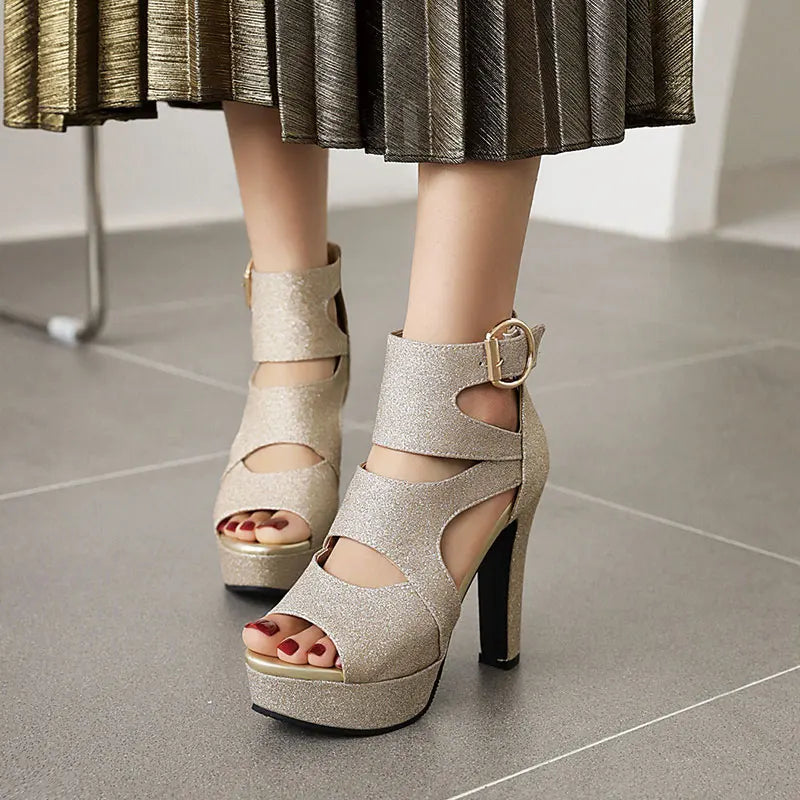 Sgesvier 2021 new thick high heels ladies shoes platform open toe woman sandals cross strap buckle silver glitter bling sandals