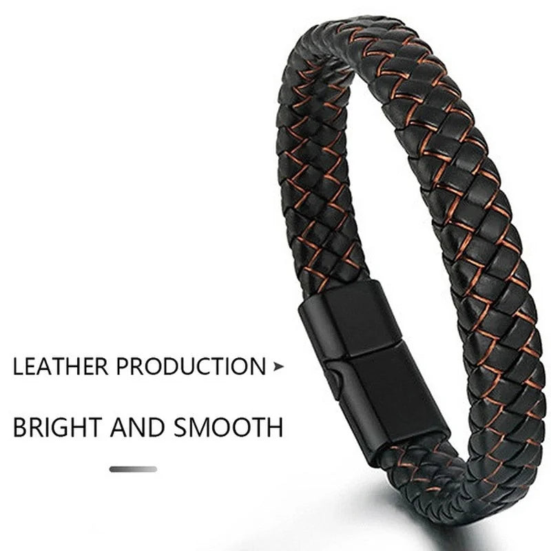 Men Genuine Leather Bracelet Bangle Black Braided Bracelet Stainless Steel Magnetic Clasps Wrist Band Male Bracelet Accessories