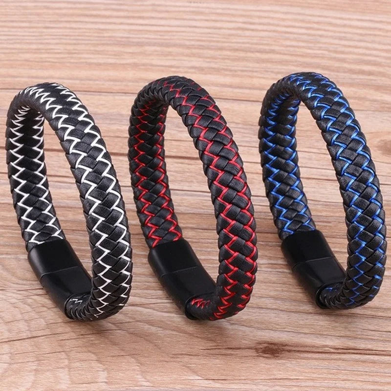 Men Genuine Leather Bracelet Bangle Black Braided Bracelet Stainless Steel Magnetic Clasps Wrist Band Male Bracelet Accessories