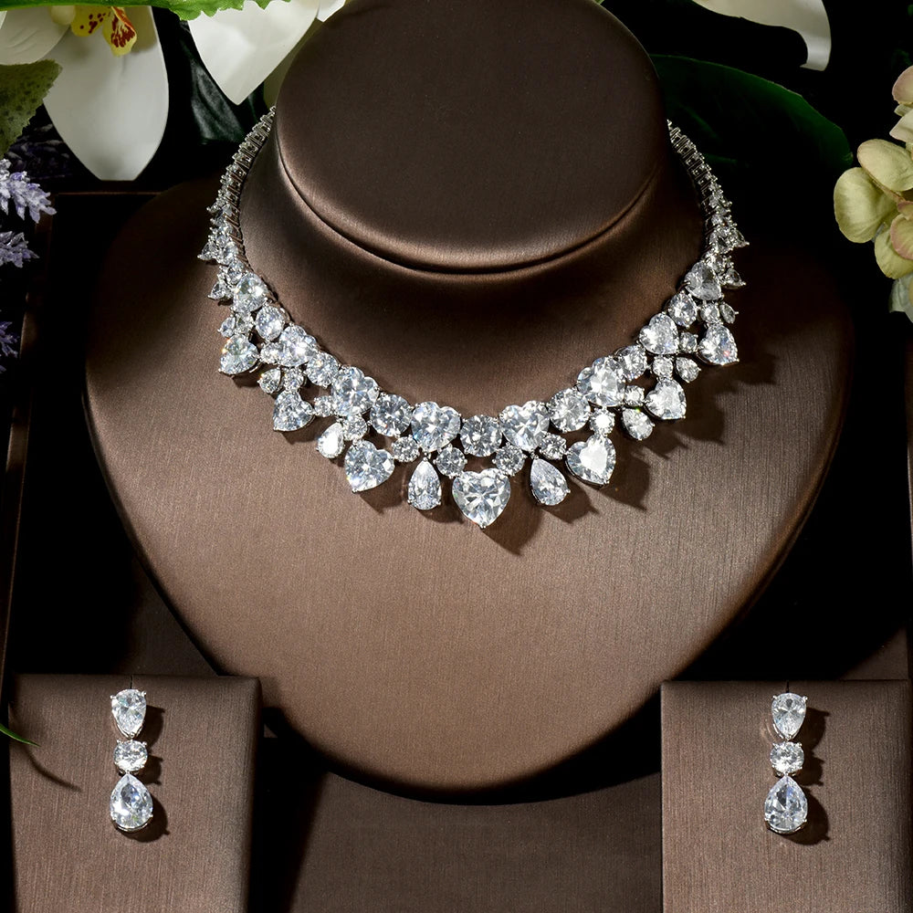 HIBRIDE New Wedding Costume Accessories Heart Shape Cubic Zircon Crystal Bridal Earrings And Necklace Jewelry Set N-1449