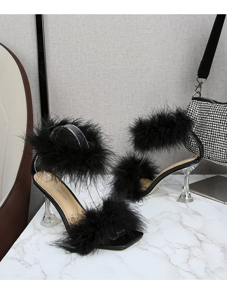 Feather Sandals Women Furry High Heels Ankle Plush Sandals Woman Transparent Heels With Fur Stripper Heeled Sandal Women Evening