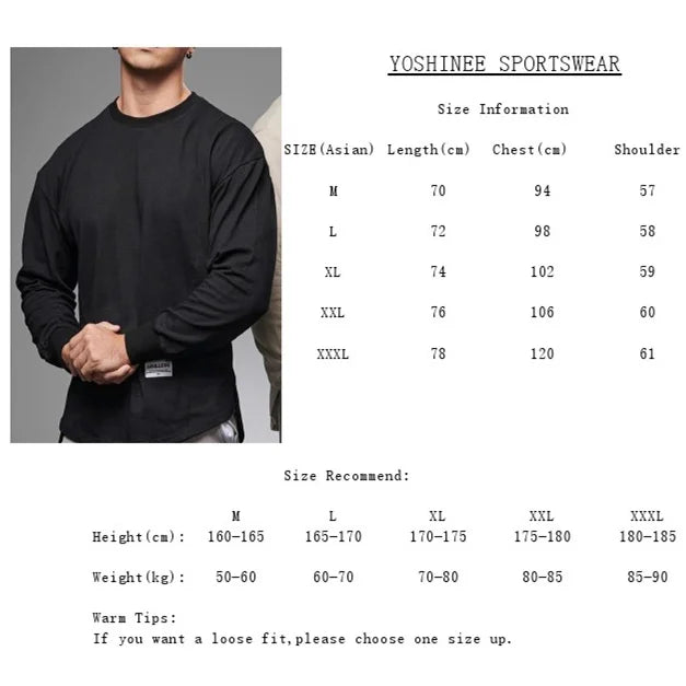 Men Long Sleeve Shirts Solid Cotton T Shirt  Curved Hem Mens Autumn Shirt for Men Workout Streetwear