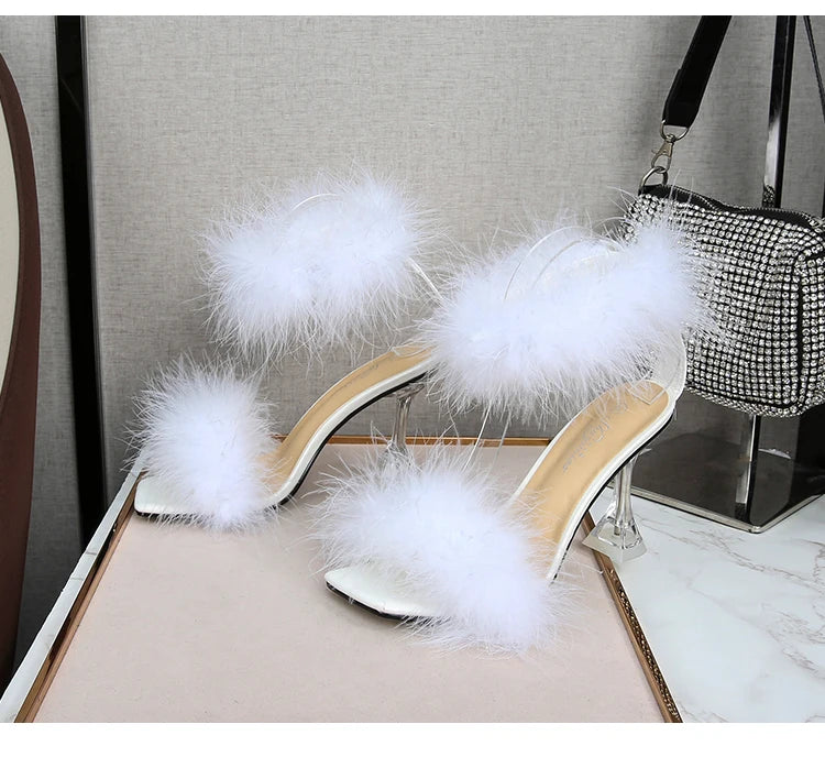 Feather Sandals Women Furry High Heels Ankle Plush Sandals Woman Transparent Heels With Fur Stripper Heeled Sandal Women Evening