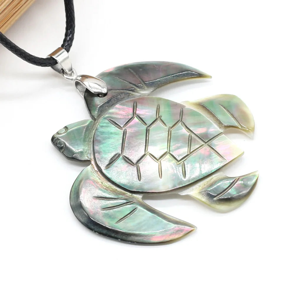 Natural Sea Turtle Shape Black Shell Necklace Pendants Charms Jewelry for Women Party Gift Size 50x48mm Length 55cm