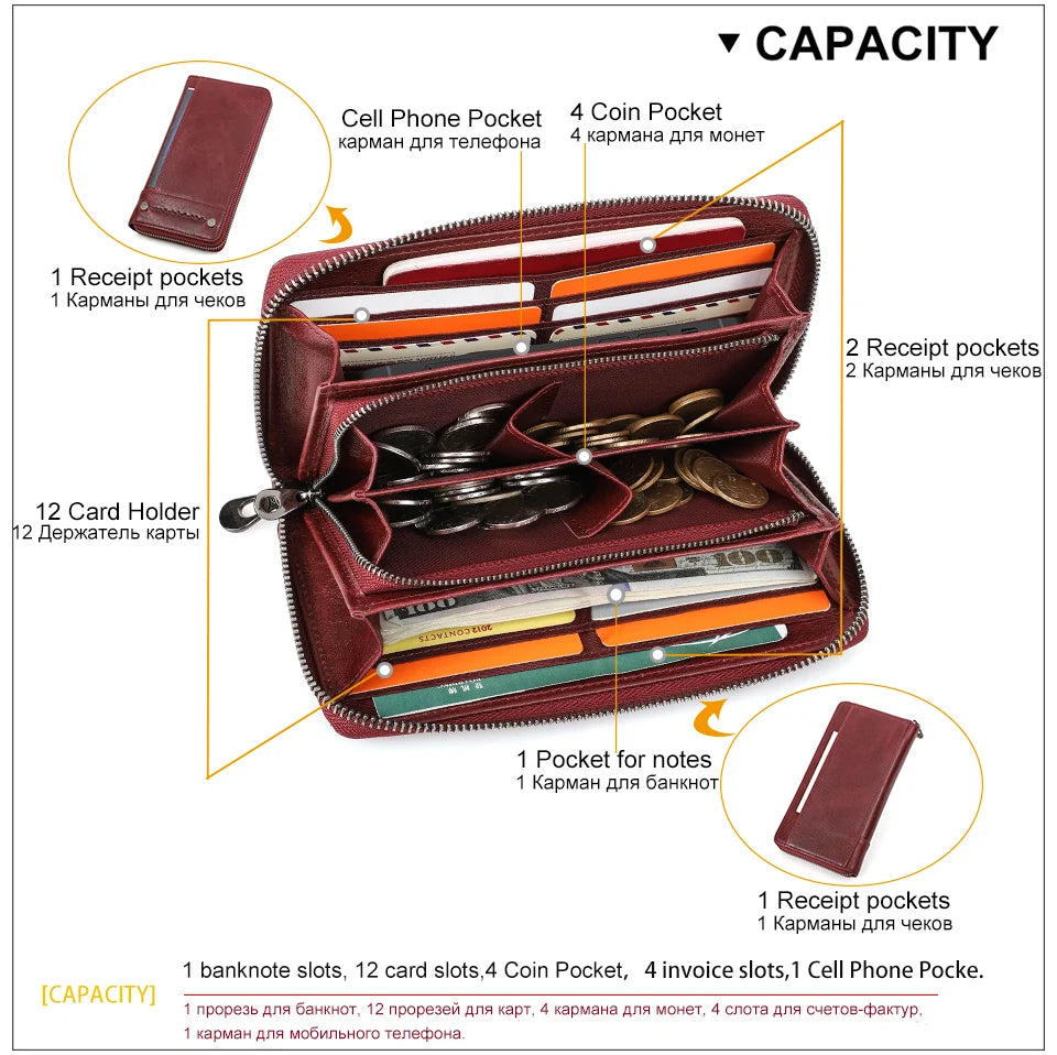Contact's Women Wallets Genuine Leather Card Holder Female Purse Zipper Wallet For Women Fashion Clutch Bag Rfid Men Wallets