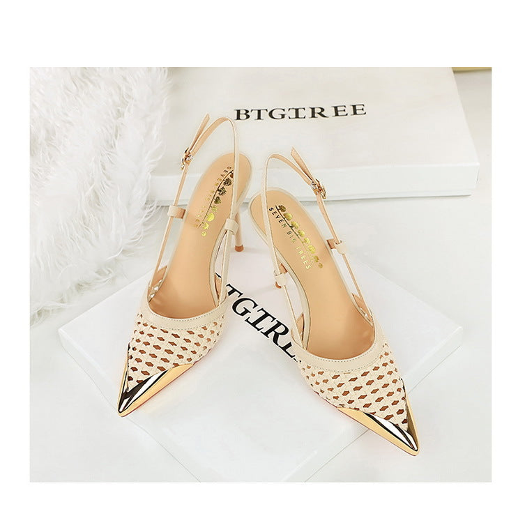 Fashion hollow Weaving Women Pumps Metal pointed tip High Heels Stiletto 9.5 cm buckle Summer Women's high-heeled sandals Shoes