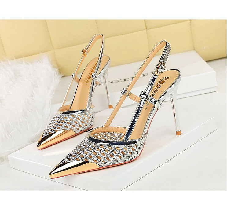 Fashion hollow Weaving Women Pumps Metal pointed tip High Heels Stiletto 9.5 cm buckle Summer Women's high-heeled sandals Shoes