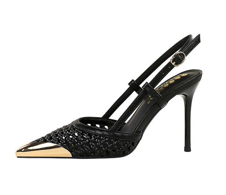 Fashion hollow Weaving Women Pumps Metal pointed tip High Heels Stiletto 9.5 cm buckle Summer Women's high-heeled sandals Shoes
