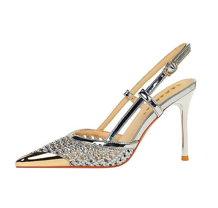 Fashion hollow Weaving Women Pumps Metal pointed tip High Heels Stiletto 9.5 cm buckle Summer Women's high-heeled sandals Shoes