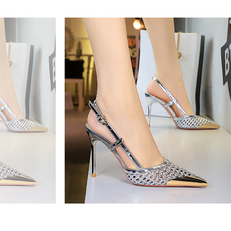 Fashion hollow Weaving Women Pumps Metal pointed tip High Heels Stiletto 9.5 cm buckle Summer Women's high-heeled sandals Shoes