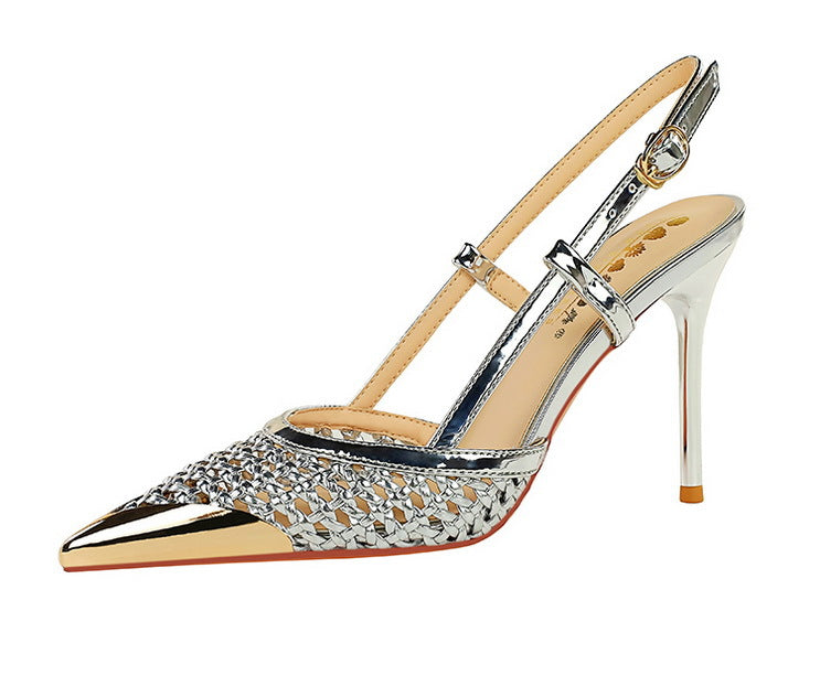 Fashion hollow Weaving Women Pumps Metal pointed tip High Heels Stiletto 9.5 cm buckle Summer Women's high-heeled sandals Shoes
