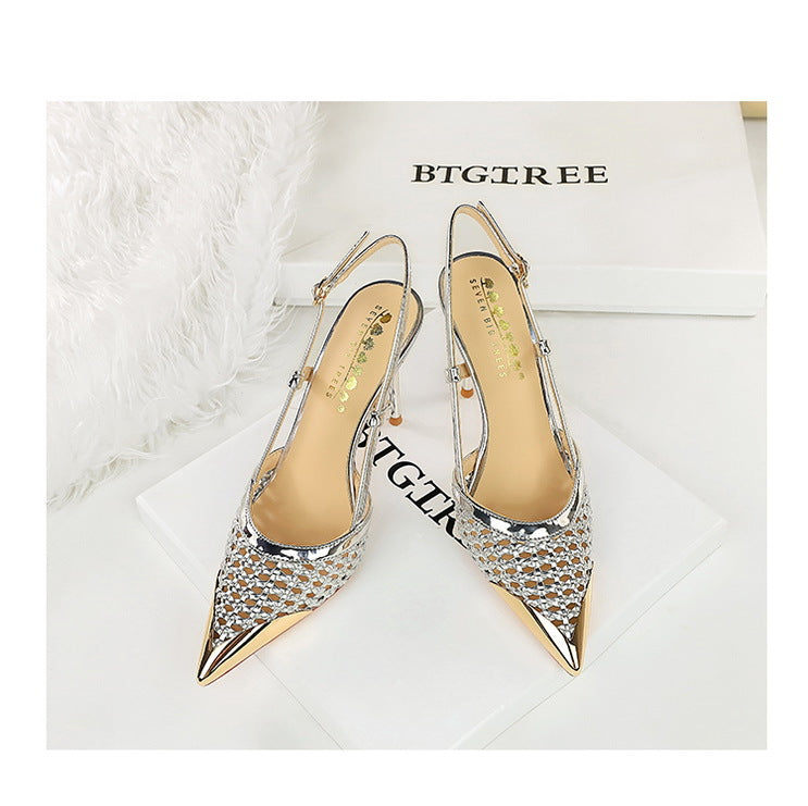 Fashion hollow Weaving Women Pumps Metal pointed tip High Heels Stiletto 9.5 cm buckle Summer Women's high-heeled sandals Shoes