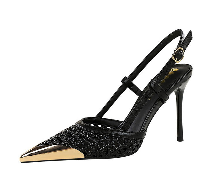 Fashion hollow Weaving Women Pumps Metal pointed tip High Heels Stiletto 9.5 cm buckle Summer Women's high-heeled sandals Shoes