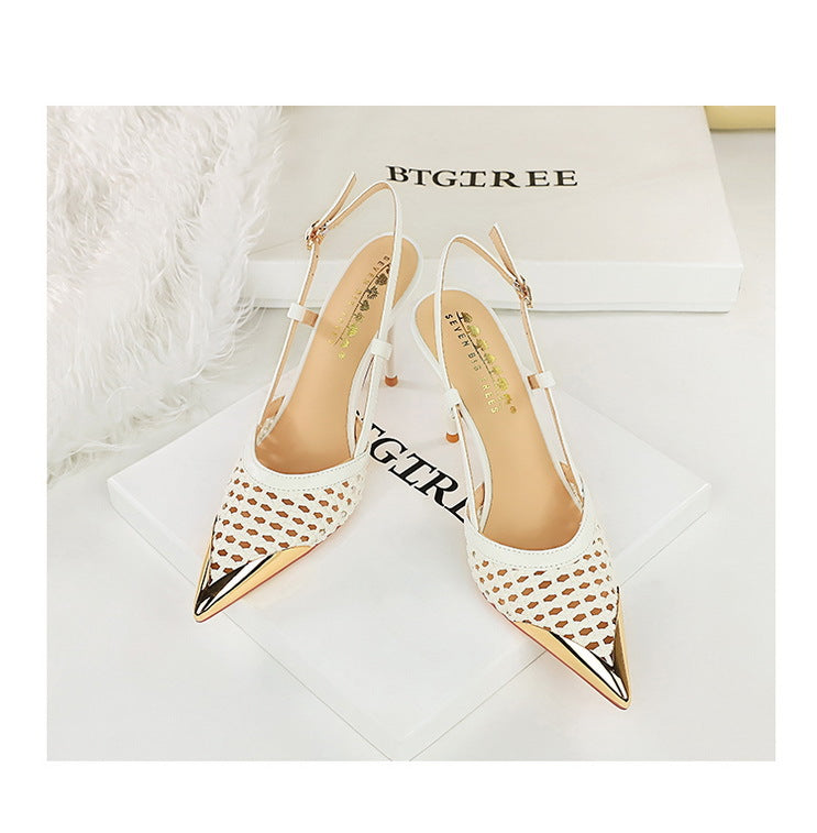 Fashion hollow Weaving Women Pumps Metal pointed tip High Heels Stiletto 9.5 cm buckle Summer Women's high-heeled sandals Shoes