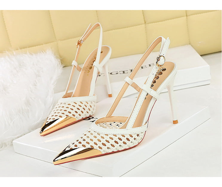 Fashion hollow Weaving Women Pumps Metal pointed tip High Heels Stiletto 9.5 cm buckle Summer Women's high-heeled sandals Shoes