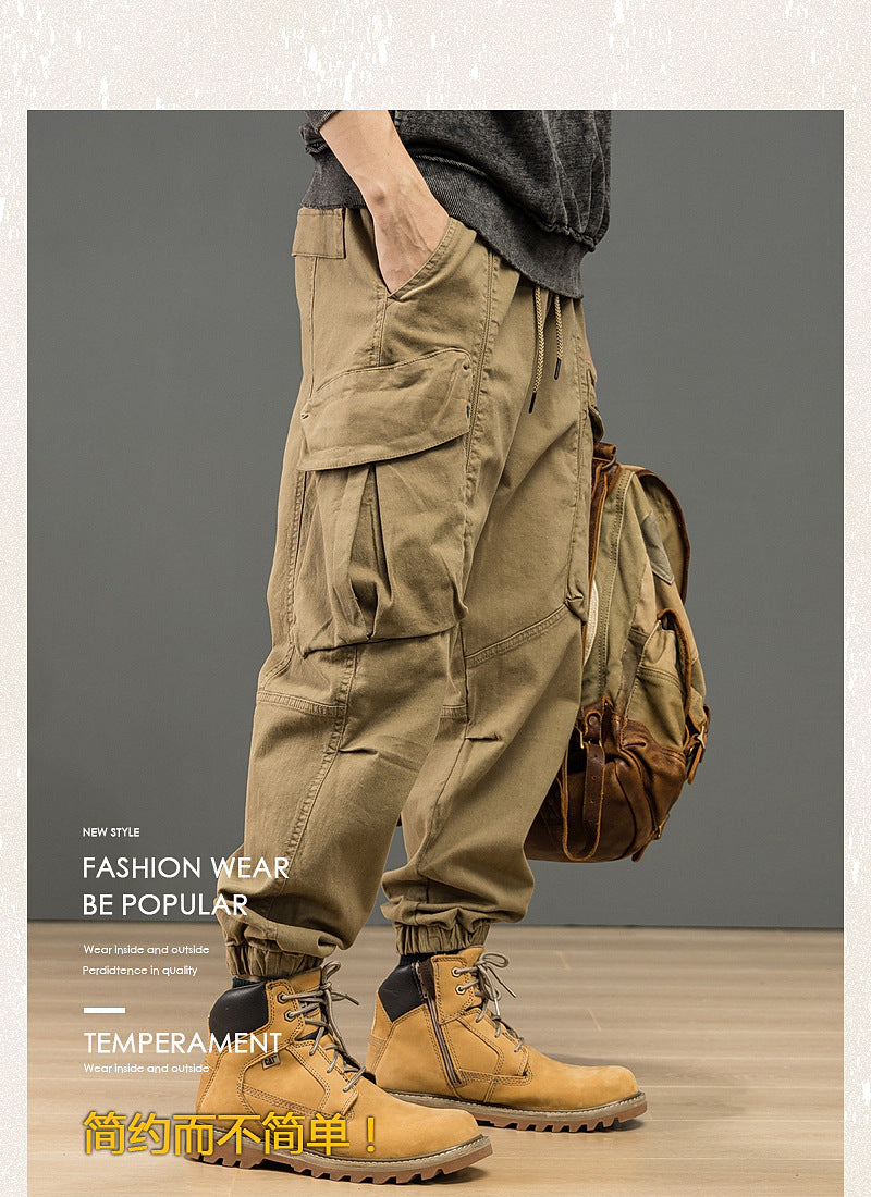 Men Cargo Ankle Pants Large Pocket Functional Loose Fitting Trousers High Street Elastic Woven Distressed Washed  Workwear Pants