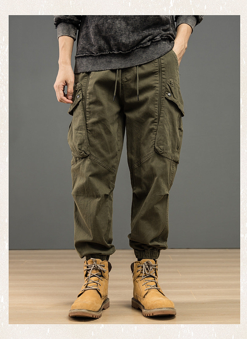Men Cargo Ankle Pants Large Pocket Functional Loose Fitting Trousers High Street Elastic Woven Distressed Washed  Workwear Pants