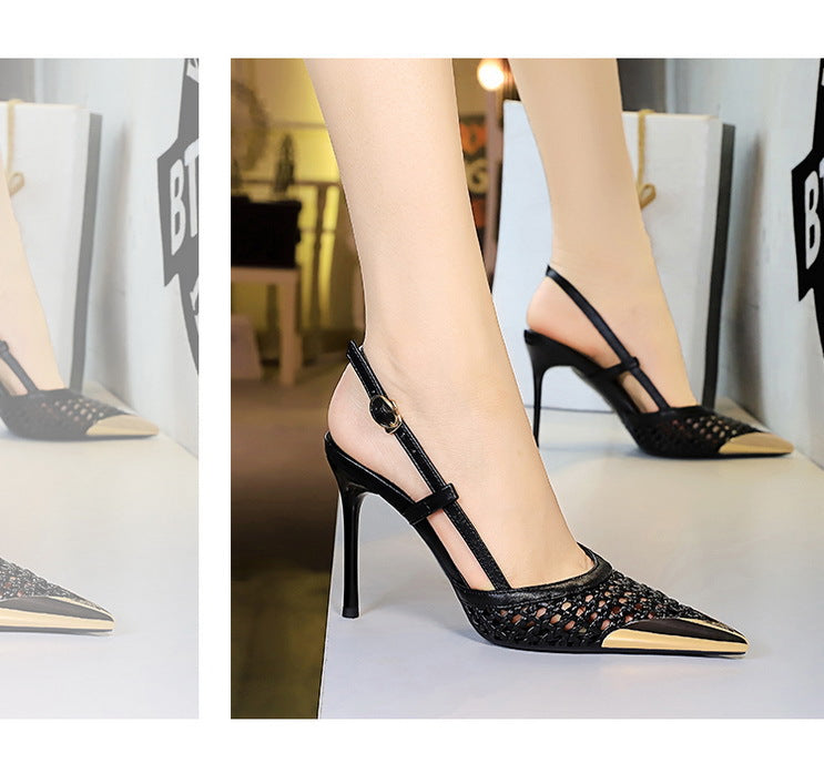 Fashion hollow Weaving Women Pumps Metal pointed tip High Heels Stiletto 9.5 cm buckle Summer Women's high-heeled sandals Shoes