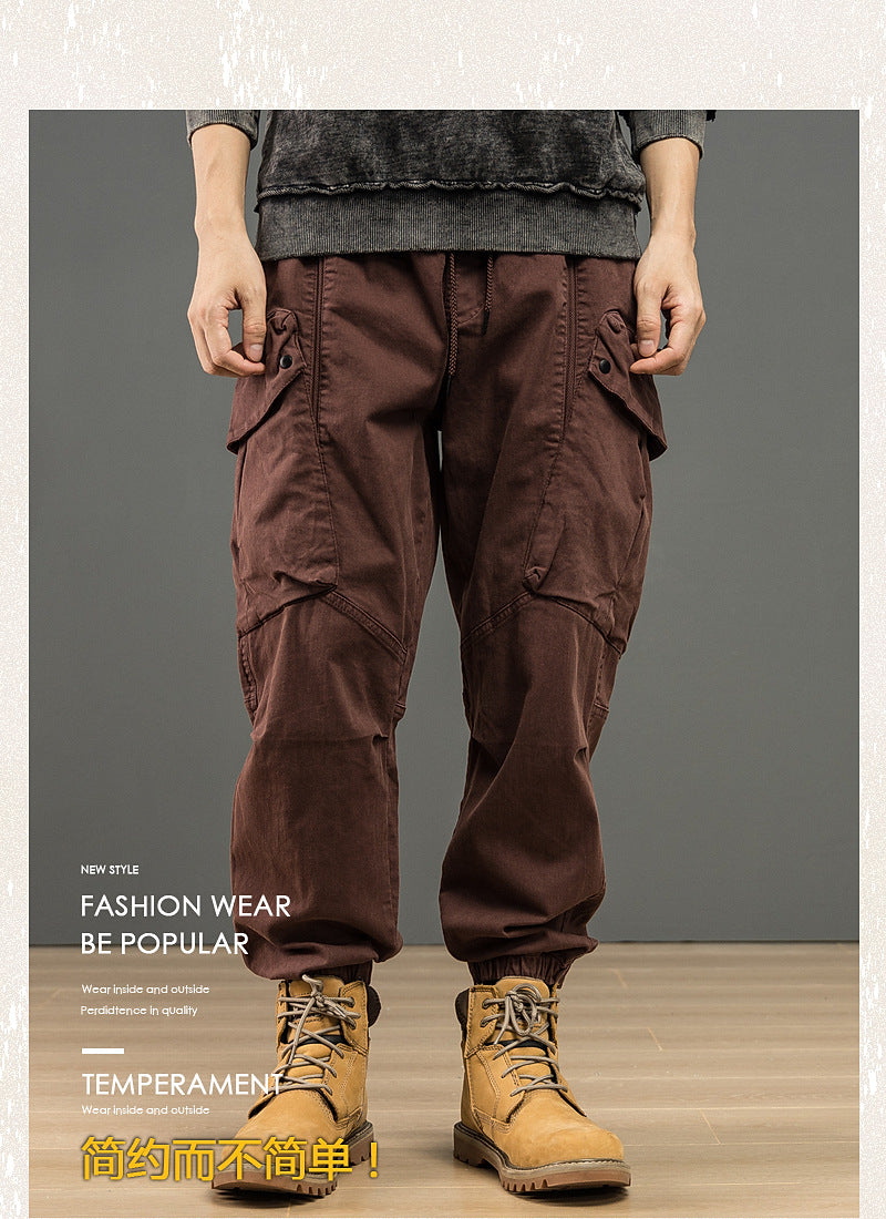 Men Cargo Ankle Pants Large Pocket Functional Loose Fitting Trousers High Street Elastic Woven Distressed Washed  Workwear Pants