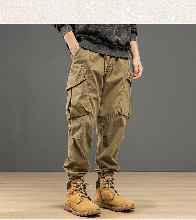 Men Cargo Ankle Pants Large Pocket Functional Loose Fitting Trousers High Street Elastic Woven Distressed Washed  Workwear Pants