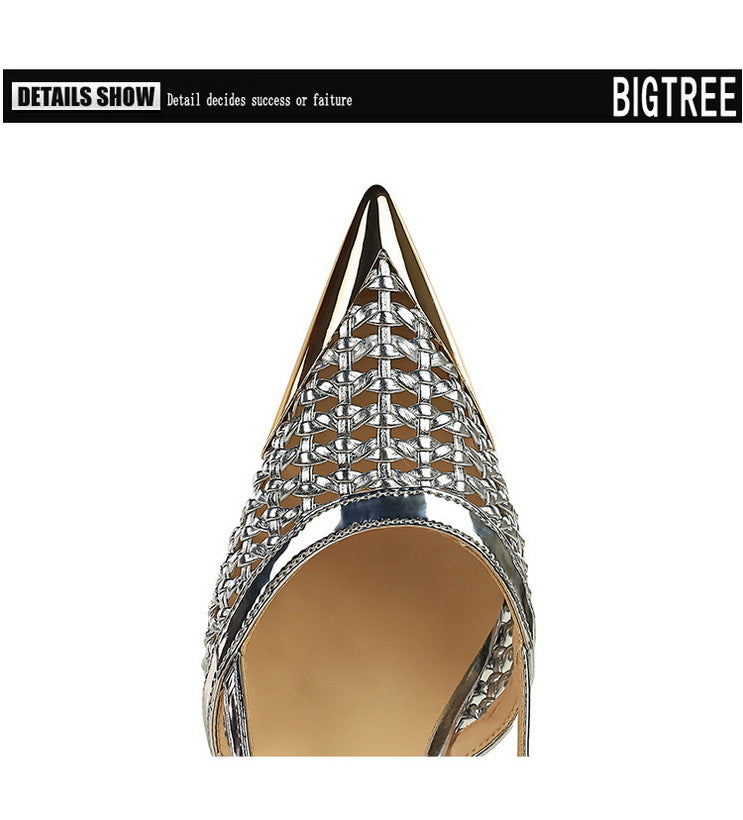 Fashion hollow Weaving Women Pumps Metal pointed tip High Heels Stiletto 9.5 cm buckle Summer Women's high-heeled sandals Shoes