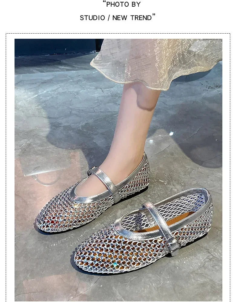 Luxury Crystal Rhinestone Fishnet Ballet Flats Woman Brand Design Rivet Mesh Mary Jane Shoes Ladies Summer Loafers Plus Size 42
